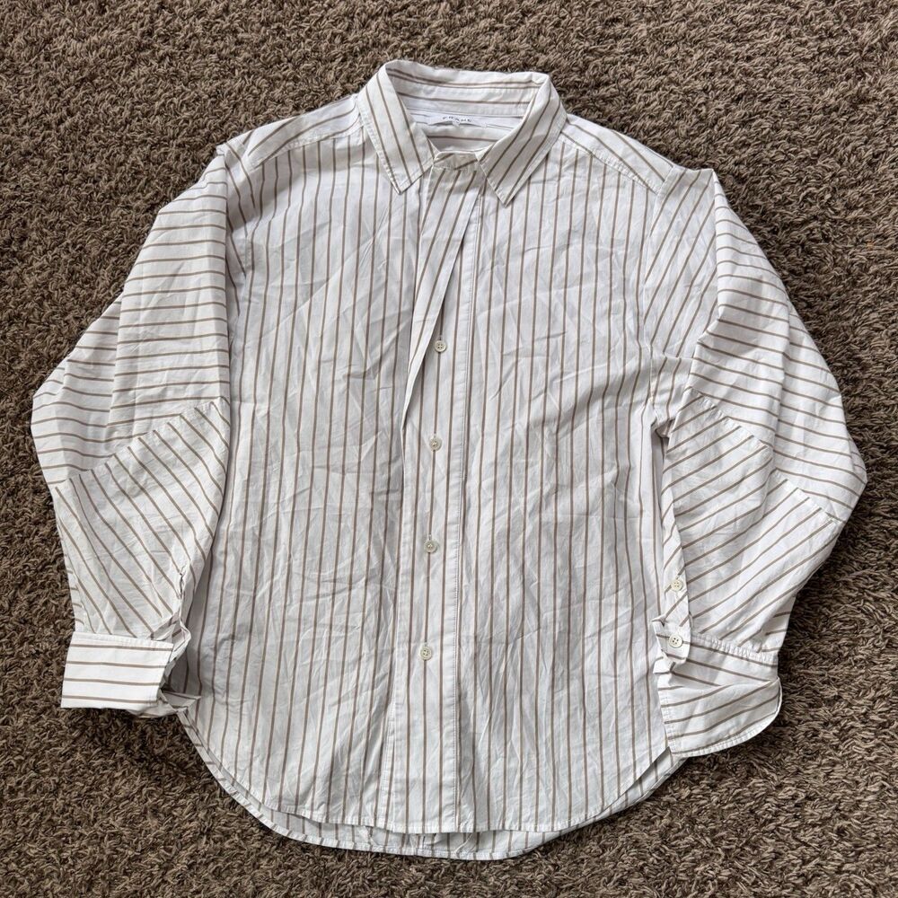 Frame Women's Medium White Striped Collared Button-Up Shirt Top Organic Office